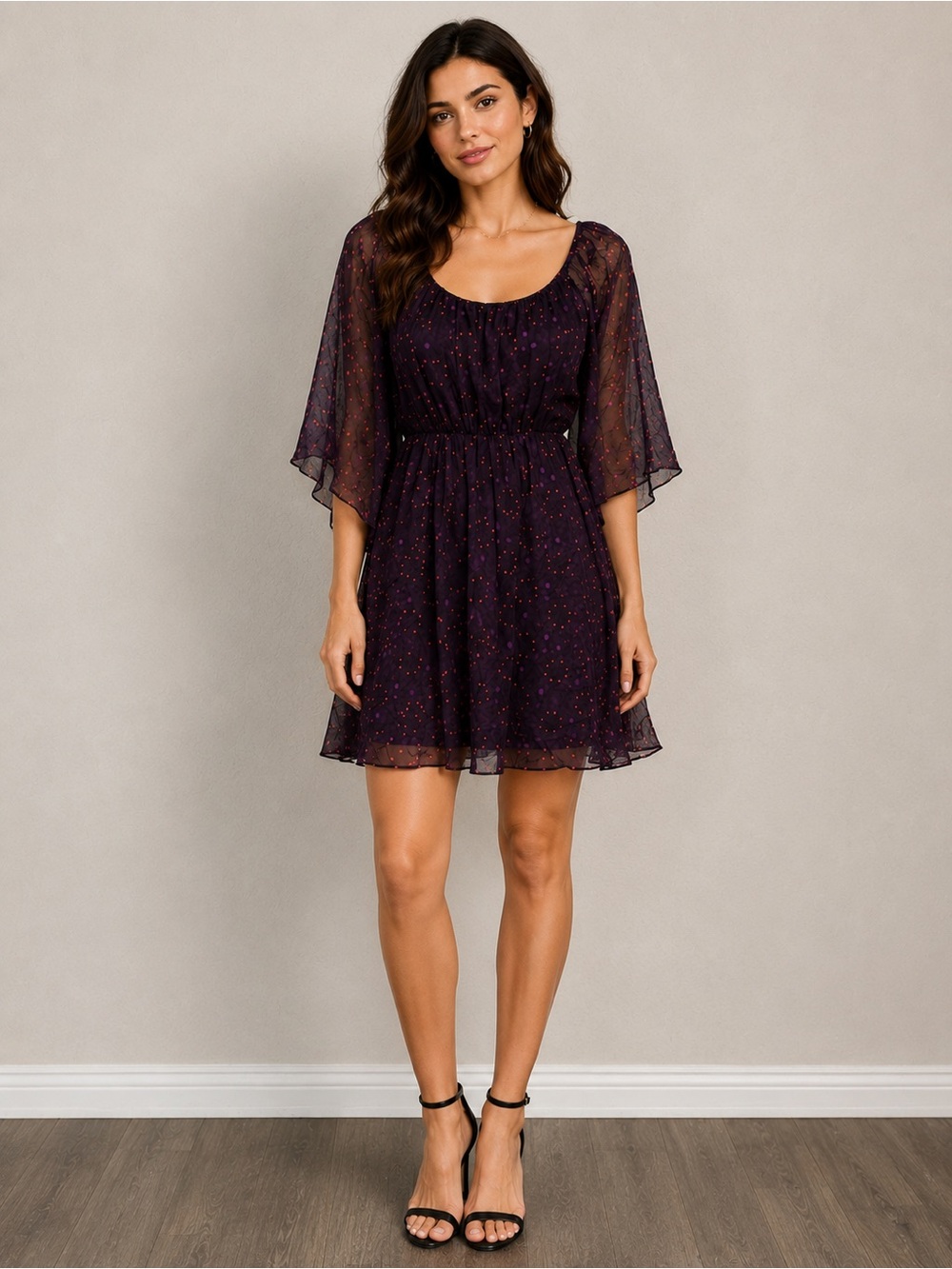 Alice + Olivia Dark Purple Speckled Flutter Sleeve Mini Dress